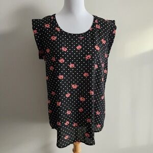 Anthropologie Pleione Blouse Womens Small Top Black Polka Dot Pink Floral Pleat